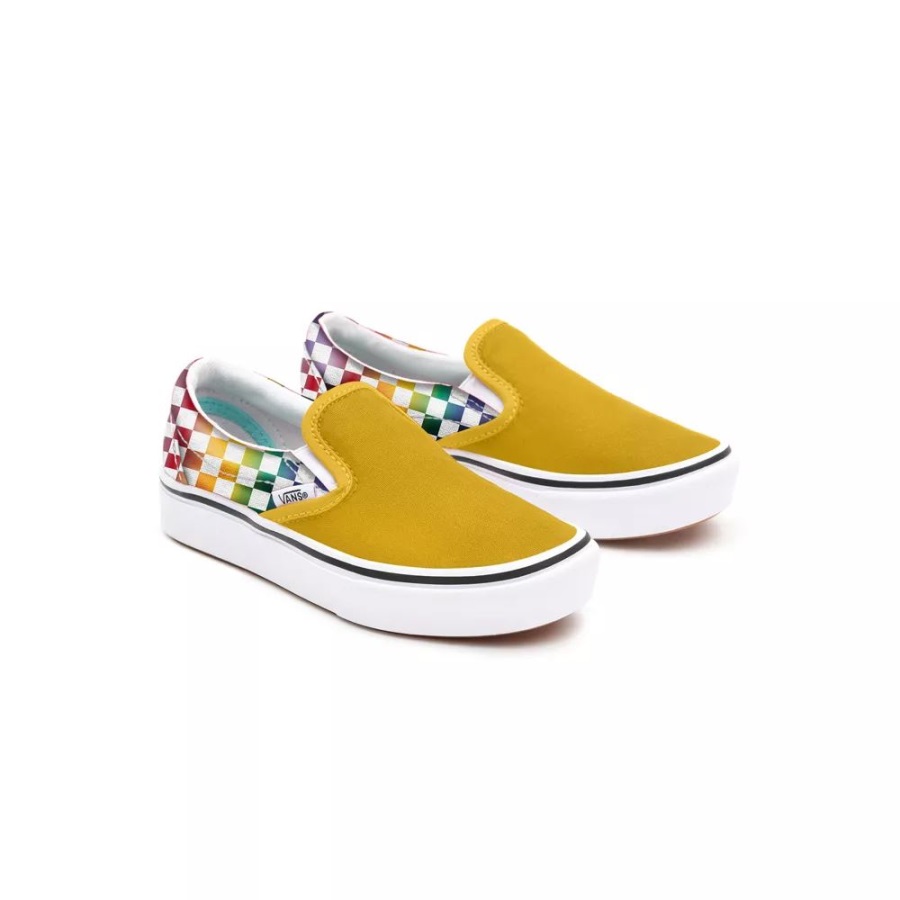 Vans Kids Customs Slip-on Damier Arc-en-ciel Jaune (4-8 Ans)
