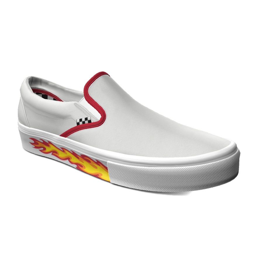 Vans Customs En Cuir Véritable Blanc Skate Slip-on