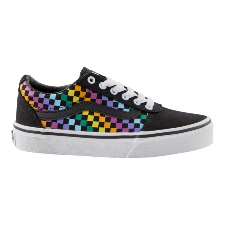 Vans Enfants Pre-skool/grade Skool Ward Chaussures De Skate à Carreaux Arc-en-ciel Baskets Garçon Carreaux Arc-en-ciel-noir-blanc