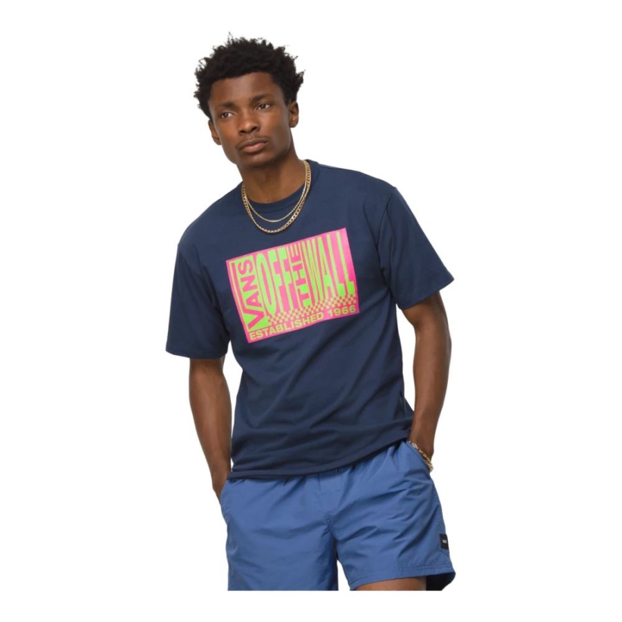 Vans Off The Wall Retro T Shirt Manches Courtes Col Ras Du Cou Coton Graphique Marine