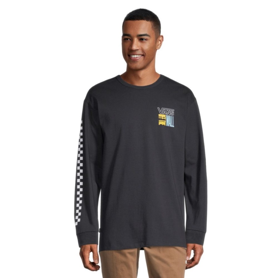 Vans Off The Wall Stacked Up T Shirt Homme Manches Longues Col Ras Du Cou Coton Graphique Noir